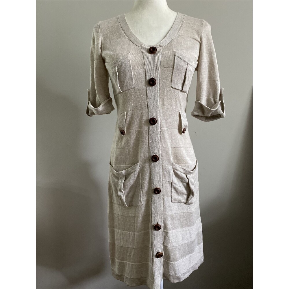 100% Linen Women Dress Natural Eco Buttons Pocket S M Knit Knitted Beige Ivory